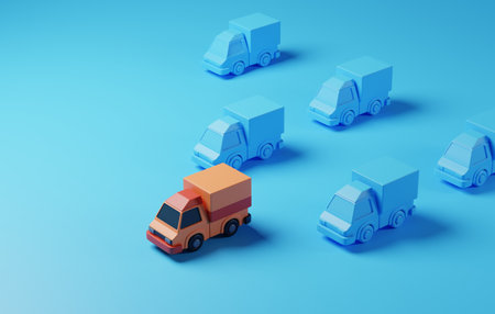 Leading in delivery transportation and logistics competition. Row of prominent delivery van on blue background. 3D render illustration.の写真素材