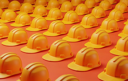 Construction safety featuring hard hat. Ideal for projects related to building, infrastructure, and industrial development. Enhance your visuals with this symbol of protection. 3D render illustration.の写真素材