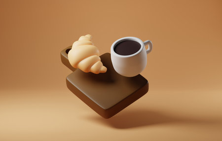 Coffee and croissant symbol of morning bliss. Ideal for conveying the essence of a perfect start to the day. 3D render illustrationの写真素材
