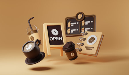 Coffee shop, creamy latte elegance, open board four paper cups. Ideal for conveying essence of...