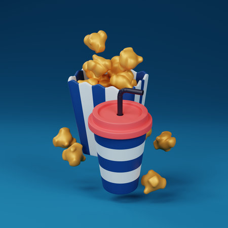 Striped popcorn box and a soft drink. Perfect for capturing the essence of cinematic enjoyment and leisure. 3D render illustrationの写真素材