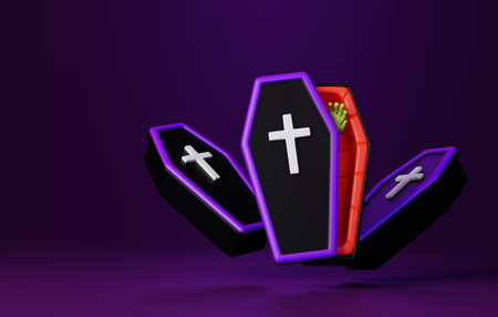 3D illustration of coffin, perfect for conveying themes of death and mourning. Ideal for funerals, cemetery visuals, this render to any project.の写真素材