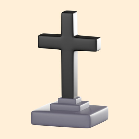 3D tombstone cross illustration featuring RIP text. This gravestone render is ideal for Halloween decorations, gothic designs, or memorial projects, adding spooky touch to any scene.の写真素材