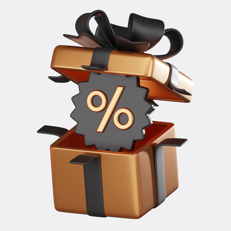 3D discount gift box illustration, perfect for marketing, ecommerce, and holiday promotions. This render showcases a wrapped box, ideal for representing special offers and sales.の写真素材