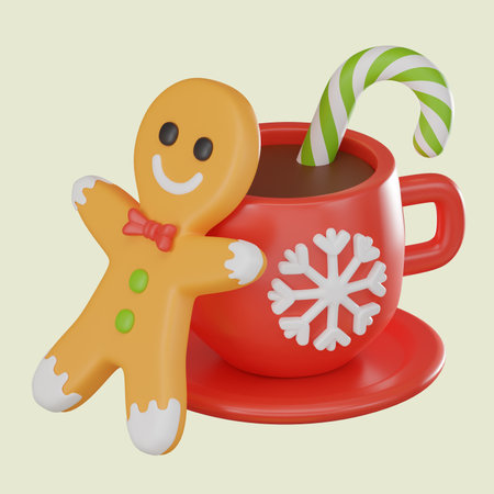 3D illustration of red cup of hot chocolate paired with a gingerbread man, ideal for holiday projects, seasonal decorations, and conveying warmth and comfort in winter.の写真素材