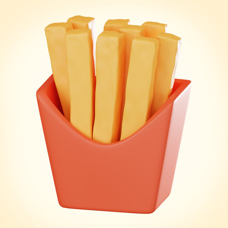 Crispy French fries for depicting fast food, junk food, and snack-time enjoyment in a visually engaging way. 3D render illustrationの写真素材