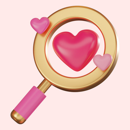 Heart shaped with magnifying glass icon searching for romantic connections. Perfect for Valentine's Day concepts, dating apps, and heartfelt designs. 3D render illustrationの写真素材