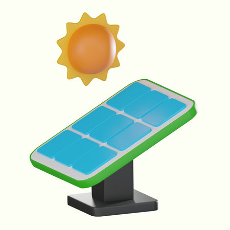 Solar panel, symbolizing renewable energy and innovation. Perfect for eco-conscious designs and sustainable technology visuals. 3D render illustrationの写真素材