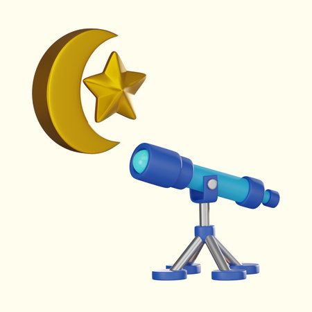 3D icon featuring a telescope observing a crescent moon, symbolizing Ramadan and Eid celebrations. Perfect for Islamic, festive, or astronomy-themed creative projects.の写真素材