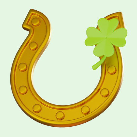 3D render illustration icon of a golden horseshoe paired with a vibrant clover leaf, a classic symbol of Irish tradition and good fortune. Perfect for seasonal events and cheerful decorative concepts.の写真素材