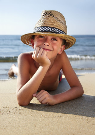 Young boy at beachの写真素材