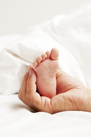 Dad holding baby feetの写真素材