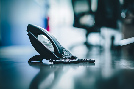 Closeup ip phone black color on the wood floor, Bussiness connection conceptの写真素材