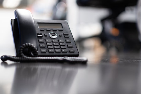 Closeup ip phone black color on the wood floor, Business connection conceptの写真素材