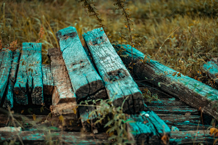 Old railroad sleeper, Selective focus wooden railway