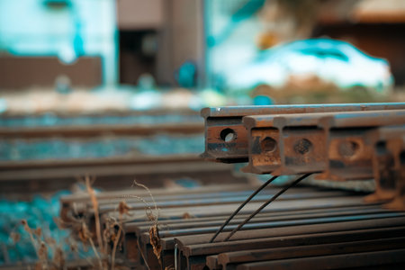 Stack of Iron rusty rails for the railwayの写真素材