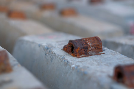 Close-up of rusty iron tracks for the railway.