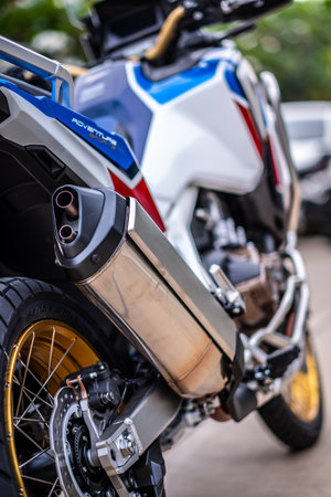 BANGKOK, THAILAND - SEPTEMBER 26, 2020 : Honda Africa Twin Enduro motorcycle model.Close-up front view.のeditorial素材