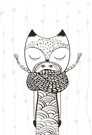 outline cute girl in foxy coat, knitted scarf, hand drawn doodle, zentangle, zenのイラスト素材