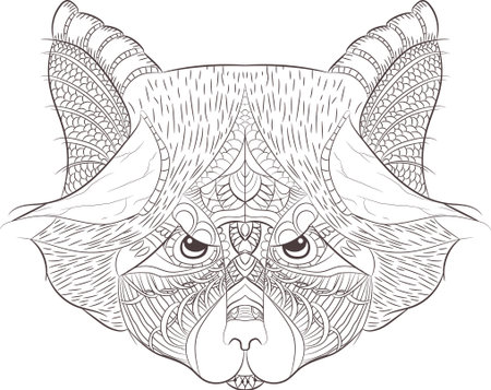 Raccoon outline. Hand drawn in doodle, zenart style. Coloring page design for relaxation and meditation for adults. zentangleのイラスト素材