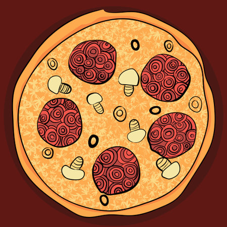 colorful whole pizza in doodles, zenart style. hand drawn foodのイラスト素材