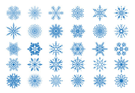 set of blue snowflakes. flat design isolated on white background. winter decorationのイラスト素材
