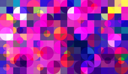 Abstract mosaic background with elements of circles and striped lines. chaos on square tiles. colorful colors. pink, purple, blueのイラスト素材