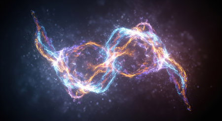 Abstract futuristic 3d render of colorful glowing particles forming a swirling energy wave on a dark backgroundの素材