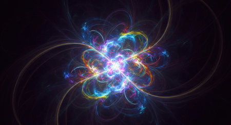 Abstract futuristic fractal of a colorful swirling energy flower on a dark backgroundの素材