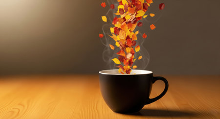 Surreal concept of colorful autumn leaves and steam rising from a black coffee cup on a wooden tableの素材