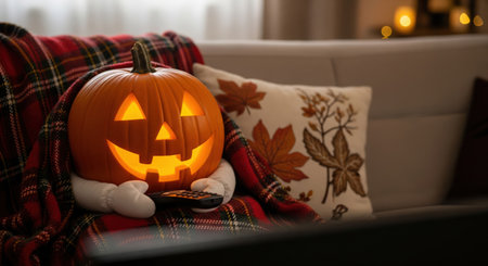 Cute jack-o'-lantern with a glowing face and hands watching tv on a cozy couch with a plaid blanket for a halloween conceptの素材