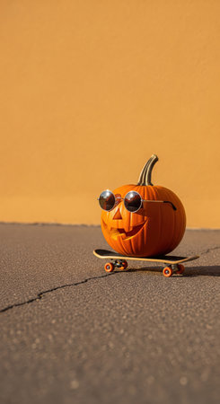 Cool jack-o'-lantern with sunglasses on a skateboard in a funny, vertical Halloween concept with an orange backgroundの素材