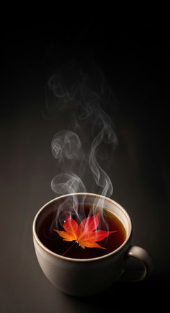 Red maple leaf in a steaming cup of hot tea on a dark background for a cozy autumn concept in a minimalist styleの素材