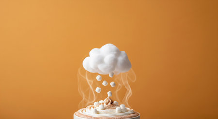 Surreal concept of mini marshmallows raining from a cotton cloud into a cup of hot chocolate with whipped creamの素材