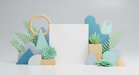 3d render of an abstract composition with a blank card mockup, geometric shapes, and plants in a minimalist pastel styleの素材