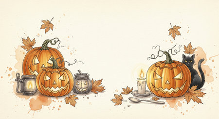 Watercolor halloween banner illustration with carved pumpkins, a black cat and falling leaves on paper textureの素材