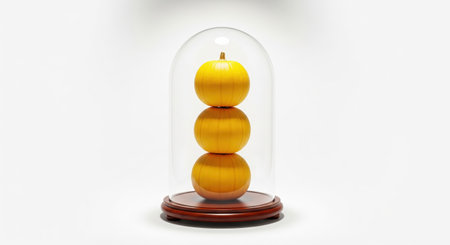 Minimalist 3d render of three yellow pumpkins stacked inside a glass display dome on a white backgroundの素材