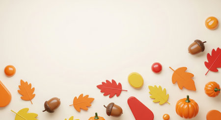Autumnal 3d render background with a border of colorful leaves, pumpkins and acorns, top view flat layの素材