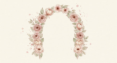 Watercolor illustration of a beautiful floral arch with pink flowers and leaves on textured paperの素材