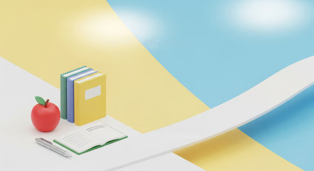 Abstract 3d render education concept with books, an apple and a path leading towards a sky backgroundの素材