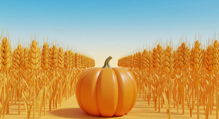 Minimalist 3d render of an autumn harvest scene with a large pumpkin in a golden wheat field under a blue skyの素材