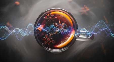Magical mulled wine with a colorful glowing wave of energy and spices in a realistic styleの素材