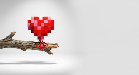 Conceptual 3d render of a red pixelated heart with roots growing on a wooden branch, symbolizing digital love and natureの素材