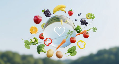 Fresh fruits and vegetables orbiting a glass sphere with a heart icon, a vibrant 3d concept of healthy eating and wellnessの素材