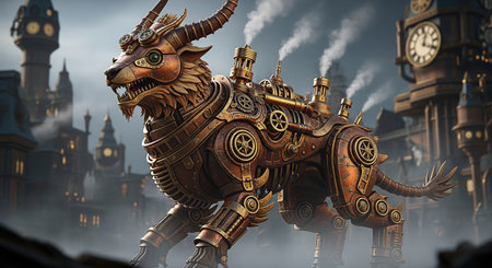 Majestic mechanical steampunk creature with horns and goggles in a fantasy city in a detailed digital art styleの素材