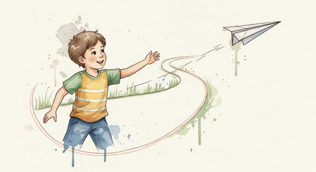 Happy boy launching a paper airplane symbolizing freedom and dreams in a gentle watercolor illustration styleの素材