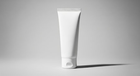 Minimalist 3d render of a blank white cosmetic tube mockup for branding on a light gray studio backgroundの素材