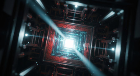 Futuristic sci-fi tunnel with a glowing energy core and electrical connections in a realistic 3d abstract styleの素材