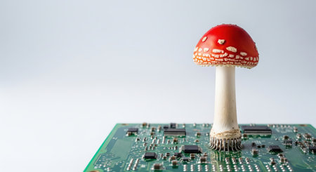 A surreal concept of a red fly agaric mushroom growing from a computer circuit board, blending nature and technologyの素材