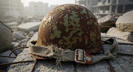 Realistic style photo of an old rusty military helmet lying on the rubble in the ruins of a destroyed city after a warの素材